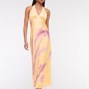 Elegant Yellow and Pink Halter Maxi Dress